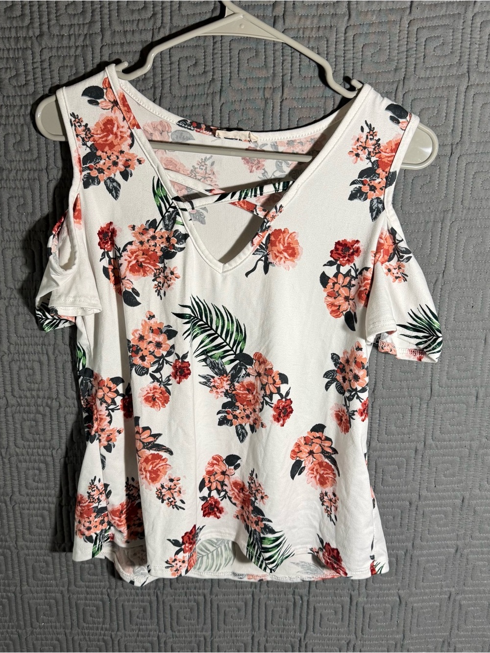 Pinc Blouse Womens Large Short Sleeve Open Sleeves Floral White Vintage USA Made